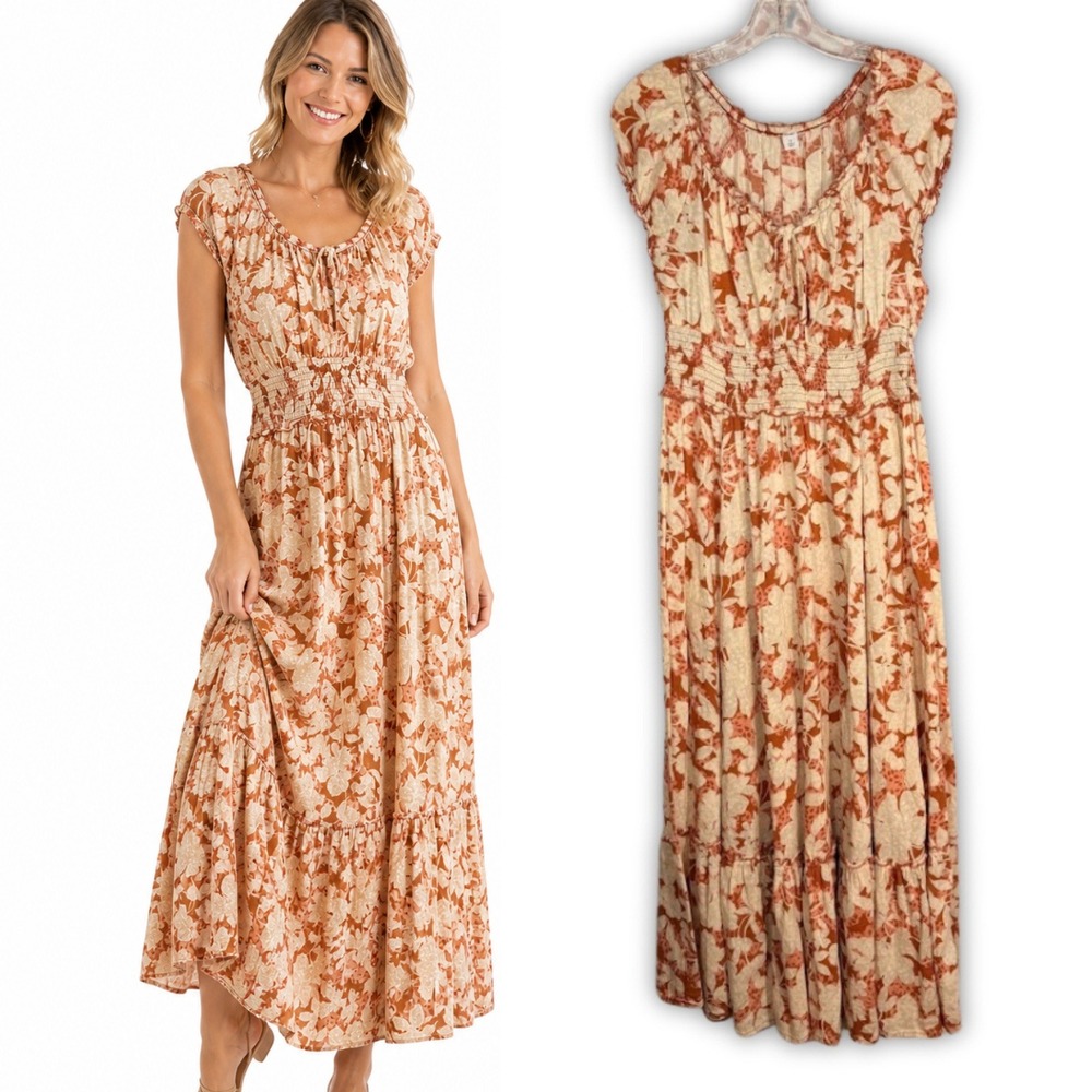 Old Navy Rust Floral Smocked Waist Maxi Dress Flutter Sleeve Medium Peasant